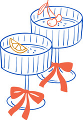 Naklejka premium Two vintage hand drawn cocktail glasses with coquette bow line art illustration for wedding, anniversary, Christmas, New Year and Valentines day designs