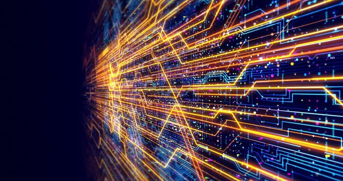 High speed data transfer concept with abstract digital circuit lines. AI And Futuristic Technology Related 4K Concept.