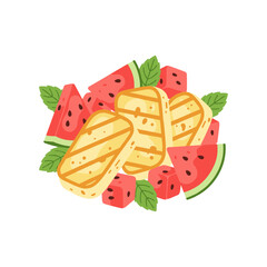 Grilled halloumi cheese slices with watermelon cubes and fresh mint leaves platter illustration for summer menu refreshing snack concept and Mediterranean cuisine recipe art in vibrant flat design. © Onik Studio