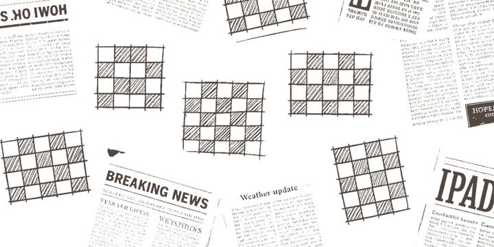 Hand drawn newspaper clippings and checkered squares scattered on white background breaking weather