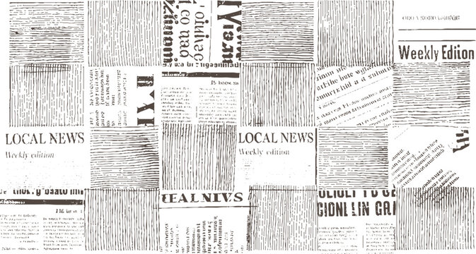 Collage of newspaper clippings with headlines and text in brown and white print