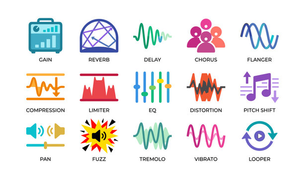 Audio effect icons showing sound controls and modulation on white