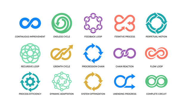 Loop and cycle concept icons arranged in grid on white background