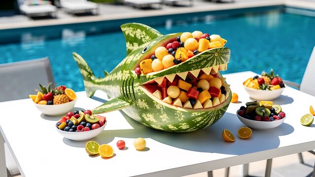 Watermelon carved into shark shape filled with colorful tropical fruit salad. Creative fruit platter for summer pool party. Healthy fresh snack display for festive outdoor gathering.