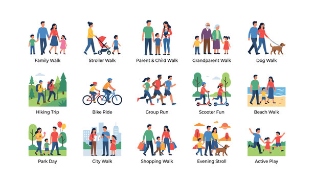 Groups and families walking and exercising in outdoor icon set