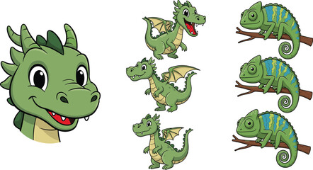 Fototapeta premium Cute Cartoon Green Dragon and Chameleon Characters Set – Fantasy Reptile Illustration Collection
