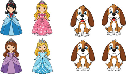 Cute Cartoon Princess Girls with Tiaras and Adorable Puppy Dogs – Kawaii Character Clipart Set for Kids © MdMonirul