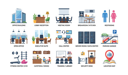 Naklejka premium Office facility icons showing rooms and services in building