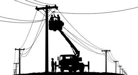 Linemen working on power lines from bucket truck silhouette, electrical maintenance © Hijau