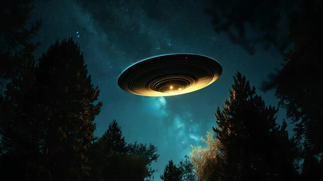 Glowing spaceship hovering over a dark forest at night. Unidentified flying object floating against a starry sky. Extraterrestrial life and alien craft concept.
