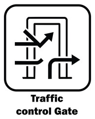 Fototapeta premium Black and white traffic control gate icon with directional arrows for network security data management cyber protection and digital flow monitoring.