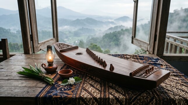 Elegant Kecapi Zither Resting on Batik Fabric in Misty Highland Villa