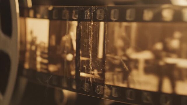 Vintage film strip with negative frames and sprockets, cinematic reels and surrounds.