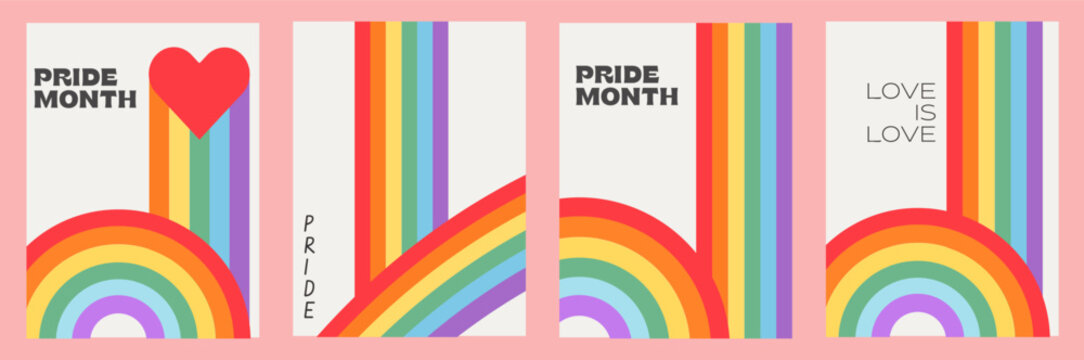 Queer Pride Month poster set with minimalist 70s rainbow graphics. Retro geometric LGBTQ vertical banners with Love is Love slogans. Backgrounds for queer events and social media. Vector illustration.