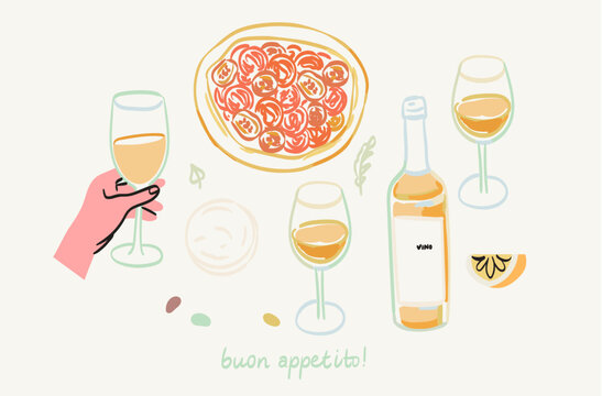 Wax crayon drawn doodle sketch Italian brunch greeting card. Hand drawn food colored illustration for poster, placard template. Doodle sketch mediterranean breakfast, picnic or dinner illustration.