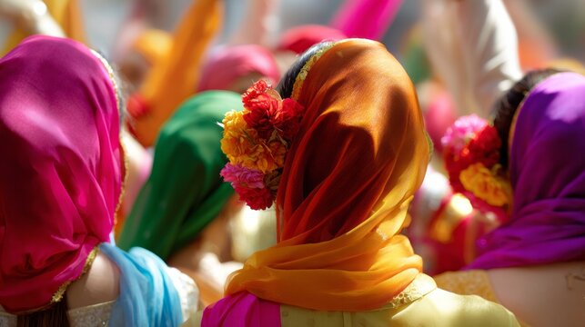 Women dressed in vibrant traditional attire with dupattas and fresh flowers, participating in a cultural indian festival