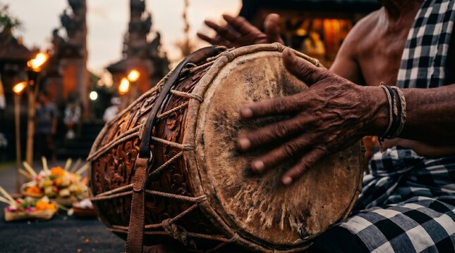 Balinese Drummer Hands Striking Kendang During Temple Ceremony at Dusk