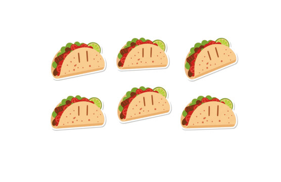 Grilled Beef Taco Sticker. Flat Vector Minimalist Illustration of Mexican Food with Tomato Salsa and Lime.