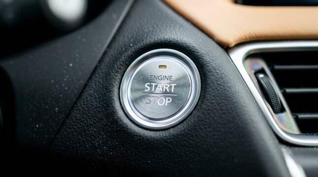 Close-up of a car's illuminated engine start stop button, ready to ignite the journey.