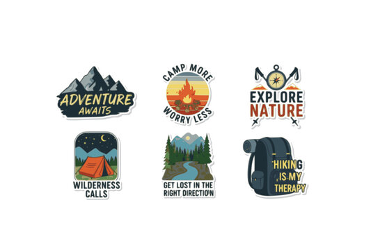 Outdoor Adventure Emblems Sticker Set. Flat Vector Hand Drawn Lettering for Hiking and Camping.