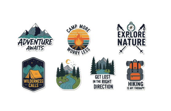 Outdoor Adventure Emblems Sticker Set. Flat Vector Hand Drawn Lettering for Hiking and Camping.
