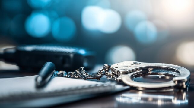 Handcuffs, pen, and police radio resting on a surface, symbolizing crime, investigation, and legal proceedings