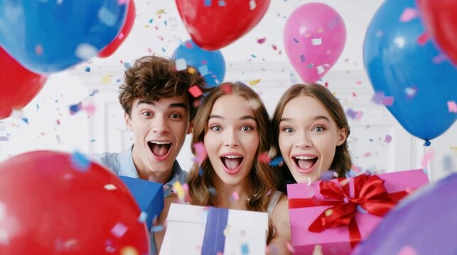 Young friends feeling excited, receiving surprise presents, and enjoying a happy celebration with colorful balloons and falling confetti