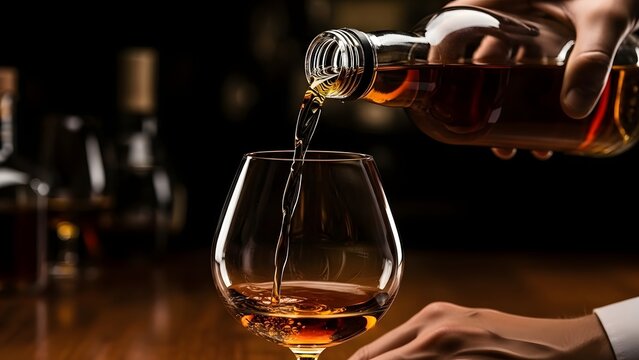 Waitstaff pours amber-colored brandy from a glass bottle into a clear snifter glass while working at a polished wooden bar counter in a dark room.