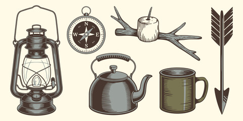 Camping Gear Collection for Outdoor Adventure and Fun, Travel Equipment Set with Tent, Backpack, Campfire, Lantern and Hiking Tools for Nature Exploration Vector Design © RPO YEN