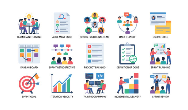 Agile concept icons illustrating team activities in grid