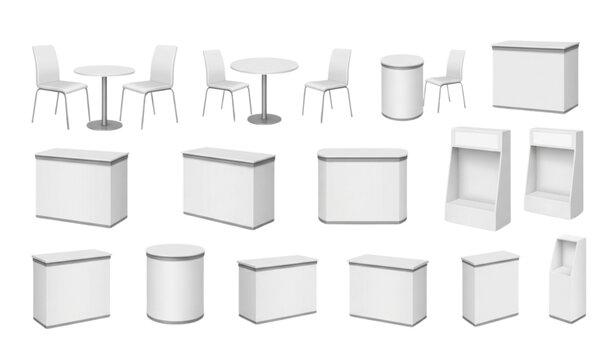 Realistic Trade Exhibition Chair Table Furniture Vector Set