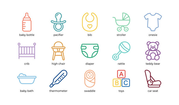 Baby care icons showing common nursery items and essentials