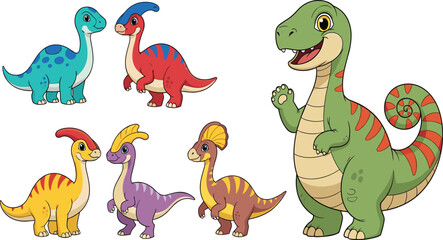 Fototapeta premium Cute Cartoon Baby Dinosaur Characters Set – Colorful Friendly Dino Collection Illustration