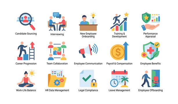 Set of hr icons showing recruitment and employee processes