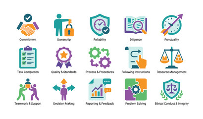 Fototapeta premium Workplace values and responsibility icons on white background
