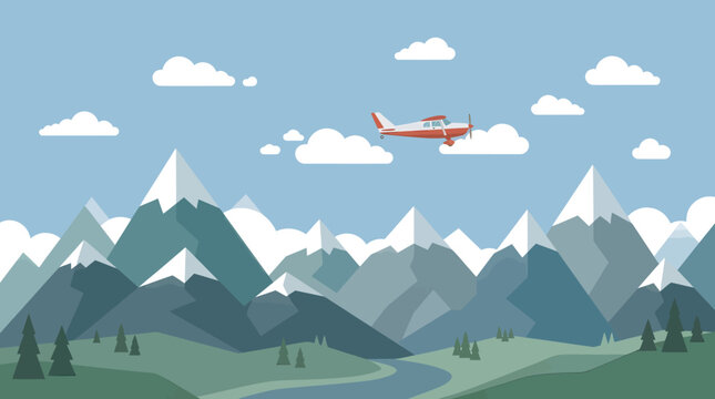 A small red plane flies over snow-capped mountains and a serene landscape with trees and a winding river.
