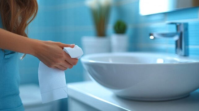 A hand holding a paper towel by the sink provides a clean backdrop for adverts for household cleaning products, cleaning supplies and personal hygiene items.