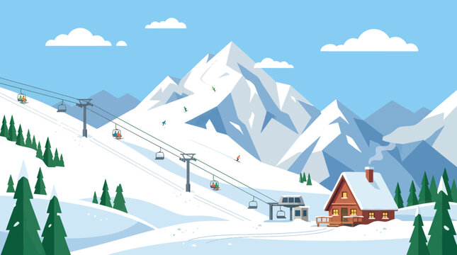 Snowy mountain resort scene with ski lift and lodge on a sunny day