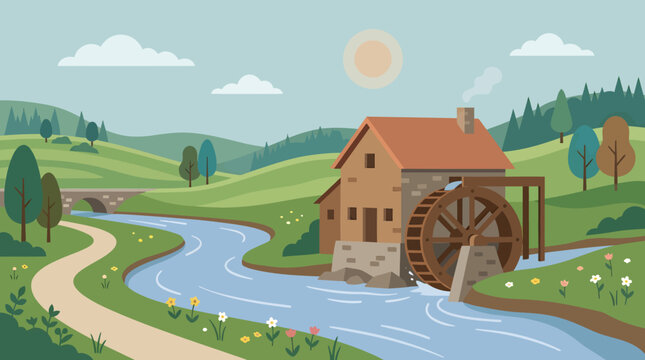 A serene countryside landscape with a water mill standing beside a winding river under a sunny sky.
