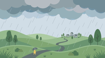 Fototapeta premium Person walking on a winding road through green hills on a rainy day with dark clouds