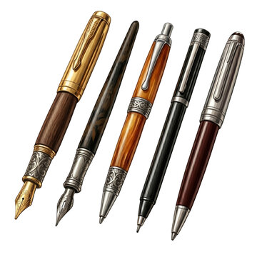 Set of luxury vintage fountain and ballpoint pens with gold, silver, and wooden details isolated on a white background.