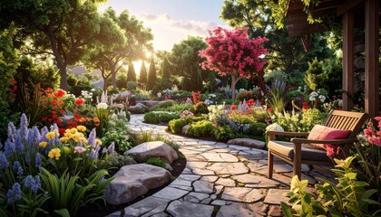 Fototapeta premium A Serene Garden Path - Stone Walkway Through Lush Greenery and Flowers.