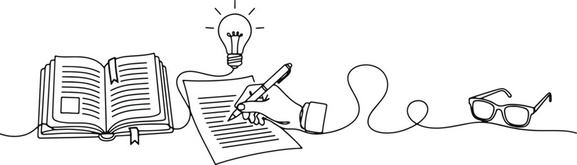 Hand writing in notebook with light bulb idea and glasses creative process learning and education concept brainstorming. © Sadhin