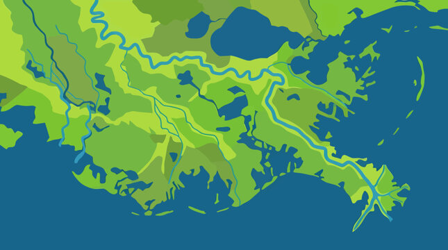 Aerial view of a lush green landscape with a vast body of water and winding rivers on a sunny day with beautiful land