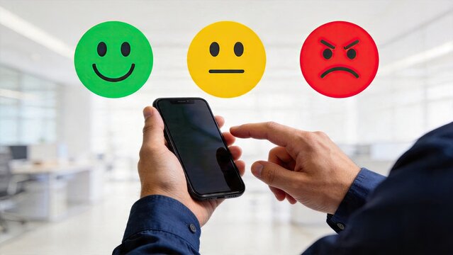 Businessman holding smartphone selecting customer feedback rating options choosing between happy green smiley neutral yellow face and angry red emoticon icons for user
