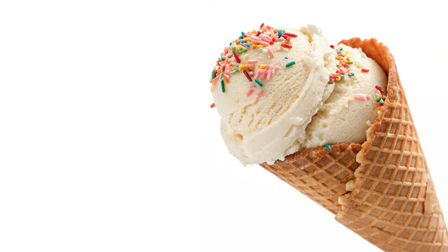 Ice cream cone with sprinkles served in a waffle cone during a warm day in summer isolated on transparent background cut out