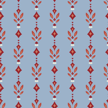 Blue Folk Geometric Vertical Floral Pattern
