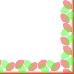 Fototapeta premium Overlapping pink and green almond shapes form a vibrant corner border on a white background, accented by a soft red and green glow along the edges.