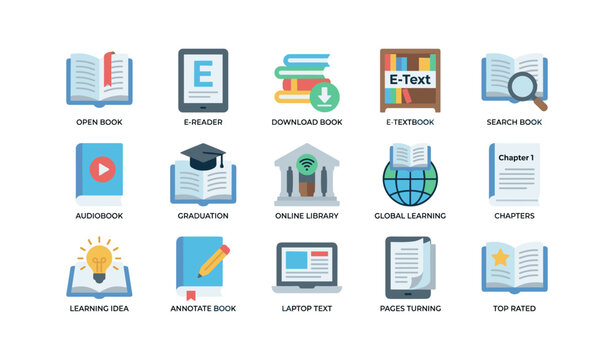 E-book and education icons arranged on white background grid