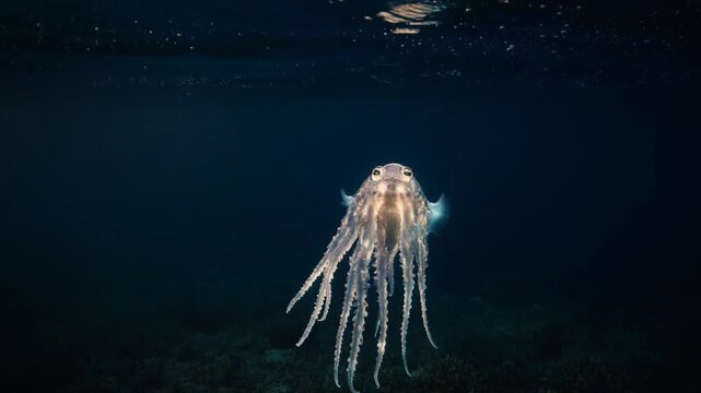 コウイカ・水面下からの仰角・夕暮れシルエット・ステンドグラス逆光映像